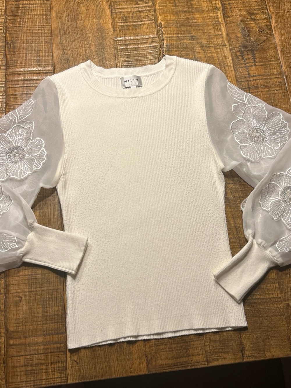 Milly Cream Knit Top with Sheer Floral Embroidered Sleeves